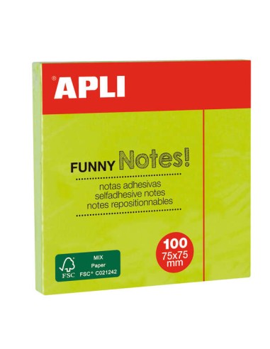 Apli Notas Adesivas Funny 75x75mm - Bloco de 100 Folhas - Adesivo de Qualidade - Fácil de Descolar - Cor Verde Fluorescente