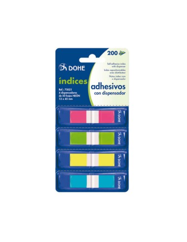 Dohe Pack de 4 Mini-Índices Adesivos Reposicionáveis de 50 unid. cada um - Medidas 12x45mm - Dispensador com 4 Cores - Ideal pa