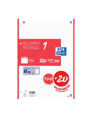 Oxford School Recarga A4 120 Folhas Quadriculado 5x5mm - 4 Furos - Faixa de Cor Vermelha
