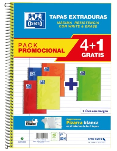 Oxford School Classic Write&Erase Pack 4+1 Fº - Caderno Espiral - Capa Dura - 1 Linha com Margem - 80 Folhas - Cores Sortidas