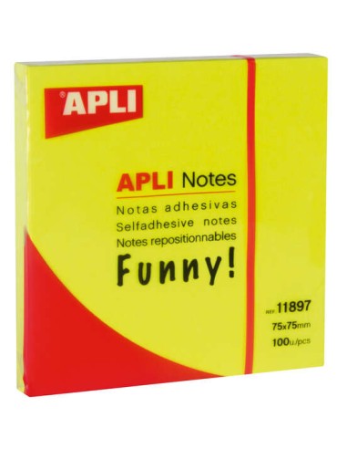 Apli Notas Adesivas Funny 75x75mm - Bloco de 100 Folhas - Adesivo de Qualidade - Fácil de Descolar - Cor Amarelo Fluorescente
