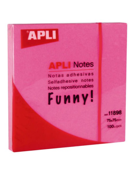 Apli Funny Bloco de 100 Notas Adesivas 75x75mm - Adesivo de Qualidade - Fácil de Descolar - Cor Rosa Fluorescente