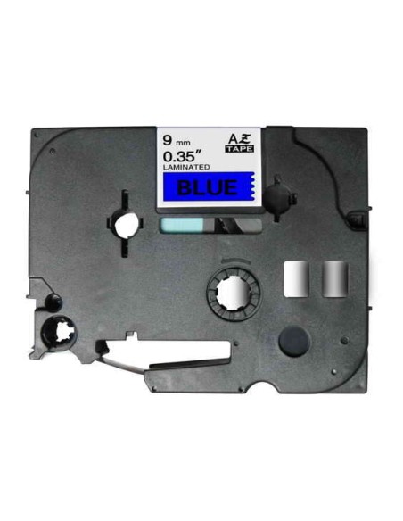 Brother TZe521 Fita Laminada Genérica de Etiquetas - Texto preto sobre fundo azul - Largura 9mm x 8 metros