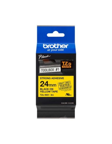 Brother TZeS651 Fita Laminada Super Adesiva Original de Etiquetas - Texto preto sobre fundo amarelo - Largura 24mm x 8 metros