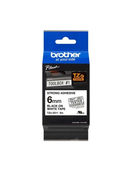 Brother TZeS211 Fita Laminada Super Adesiva Original de Etiquetas - Texto preto sobre fundo branco - Largura 6mm x 8 metros