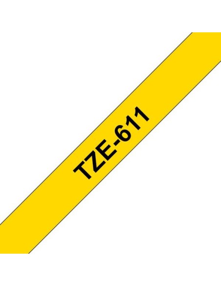 Fita Laminada Original Brother TZe611 para Etiquetas - Texto preto sobre fundo amarelo - Largura 6mm x 8 metros