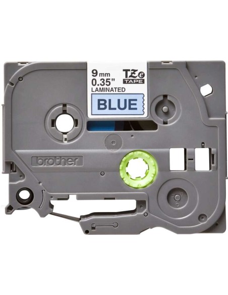 Fita Laminada Original Brother TZe521 para Etiquetas - Texto preto sobre fundo azul - Largura 9mm x 8 metros