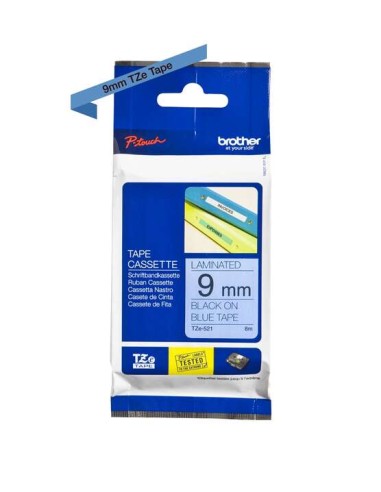 Fita Laminada Original Brother TZe521 para Etiquetas - Texto preto sobre fundo azul - Largura 9mm x 8 metros