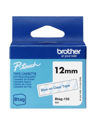 Brother Btag-133 Fita 12mm - Texto Azul sobre Fundo Transparente - Medidas 12mmx4 Metros - Compatível com PTN10, PTN20, PTN25BT