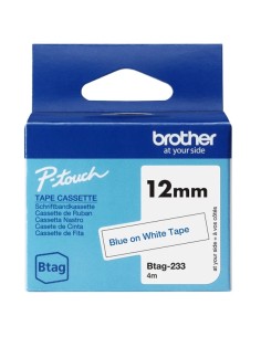 Brother Btag-233 Fita 12mm - Texto Azul sobre Fundo Branco - Medidas 12mmx4 Metros - Apropriada para PTN10, PTN20, PTN25BT