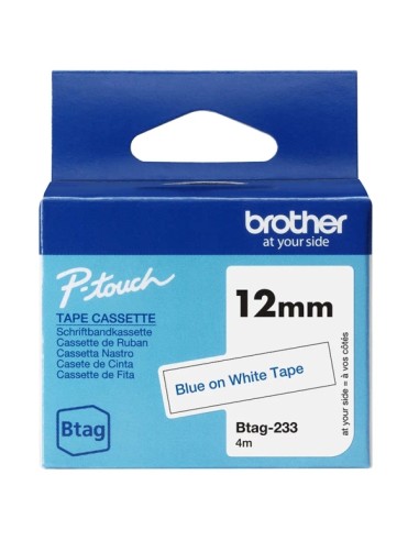 Brother Btag-233 Fita 12mm - Texto Azul sobre Fundo Branco - Medidas 12mmx4 Metros - Apropriada para PTN10, PTN20, PTN25BT