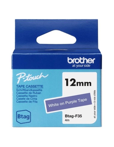Brother Btag-F35 Fita 12mm - Texto Branco sobre Fundo Roxo - Medidas 12mmx4 Metros - Compatível com PTN10, PTN20, PTN25BT