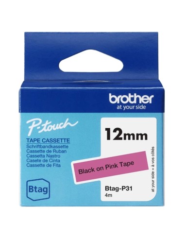 Brother Btag-P31 Fita 12mm - Texto Preto sobre Fundo Rosa - Medidas 12mmx4 Metros - Compatível com PTN10, PTN20, PTN25BT