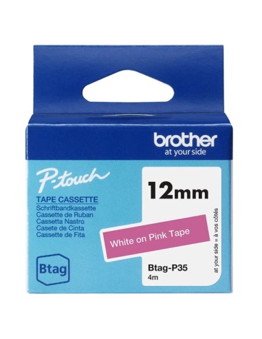 Brother Btag-P35 Fita 12mm - Texto Branco sobre Fundo Rosa - Medidas 12mmx4 Metros - Adequada para PTN10, PTN20, PTN25BT