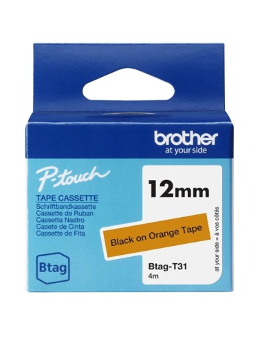 Brother Btag-T31 Fita 12mm - Texto Preto sobre Fundo Laranja - Medidas 12mmx4 Metros - Adequada para PTN10, PTN20, PTN25BT