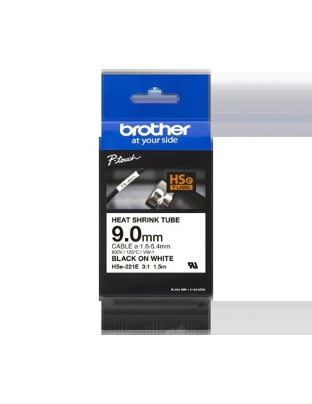 Brother HSe221E Fita Tubo Termorretrátil Original de Etiquetas para Cabos - Texto preto sobre fundo branco - Largura 9mm x 1,5 