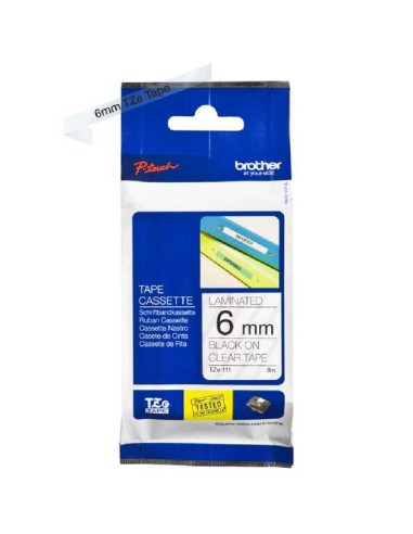 Brother TZe111 Fita Laminada Original de Etiquetas - Texto preto sobre fundo transparente - Largura 6mm x 8 metros