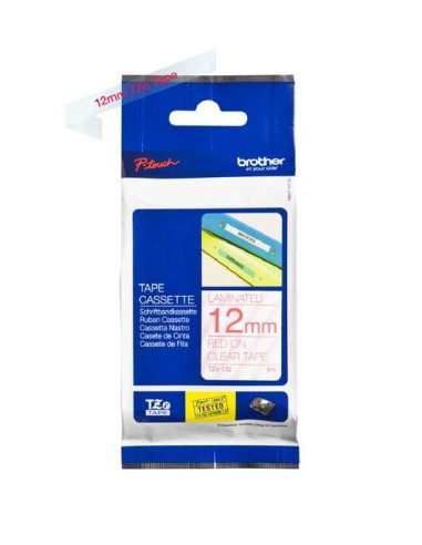 Brother TZe132 Fita Laminada Original de Etiquetas - Texto vermelho sobre fundo transparente - Largura 12mm x 8 metros
