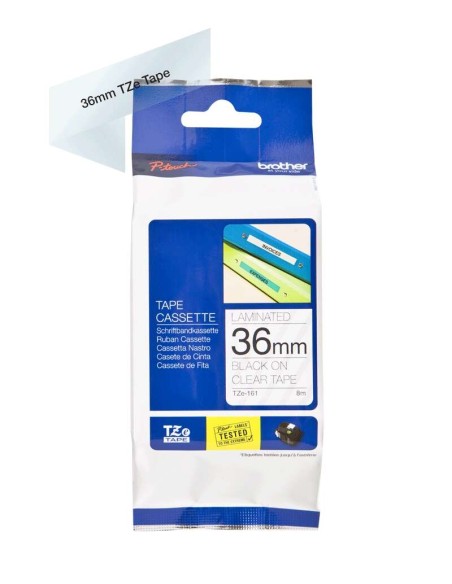 Brother TZe161 Fita Laminada Original de Etiquetas - Texto preto sobre fundo transparente - Largura 36mm x 8 metros