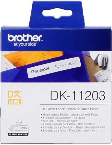 Brother DK11203 - Etiquetas Originais Pré-cortadas para Pastas - 17x87 mm - 300 Unidades - Texto preto sobre fundo branco