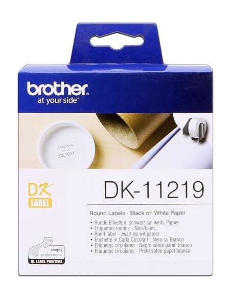 Brother DK11219 - Etiquetas Originais Pré-Cortadas Circulares - 12 mm de Diâmetro - 1200 Unidades - Texto preto sobre fundo bra