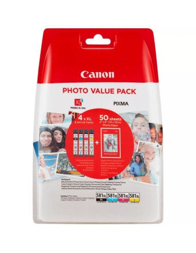 Canon CLI581XL Pack de 4 Cartuchos de Tinta Originais - 50 Folhas de Papel Fotográfico - 2052C004/2052C006