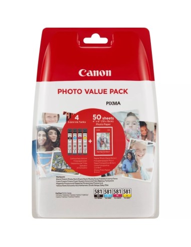 Canon CLI581 Pack de 4 Cartuchos de Tinta Originais - 50 Folhas de Papel Fotográfico - 2106C005/2106C006