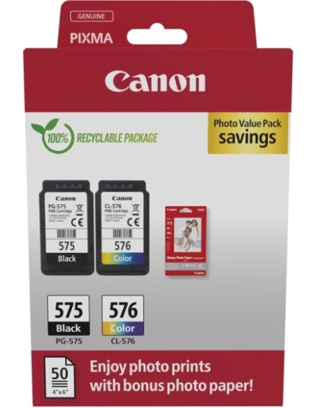 Canon PG575/CL576 Pack de 2 Cartuchos de Tinta Originais + 50 Folhas de Papel Fotográfico - 5438C004