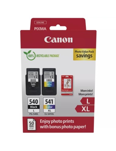 Canon PG540L Preto + CL541XL Cor Pacote de 2 Cartuchos de Tinta Originais - 50 Folhas de Papel Fotográfico - 5224B012/5224B007/