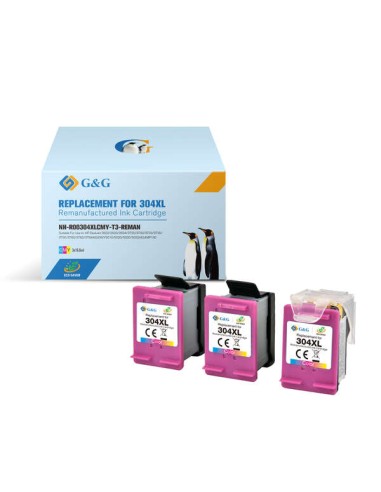 G&G HP 304XL Pack de 3 Cartuchos de Tinta Remanufaturados Coloridos - Eco Saver - Mostra Nível de Tinta - Substitui N9K07AE/N9K