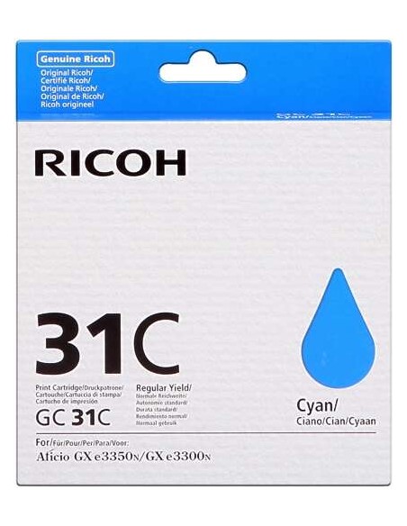 Ricoh GC31C Cyan Cartucho de Gel Original - 405689 en portugais se traduit par : Ricoh GC31C Ciano Cartucho de Gel Original - 4