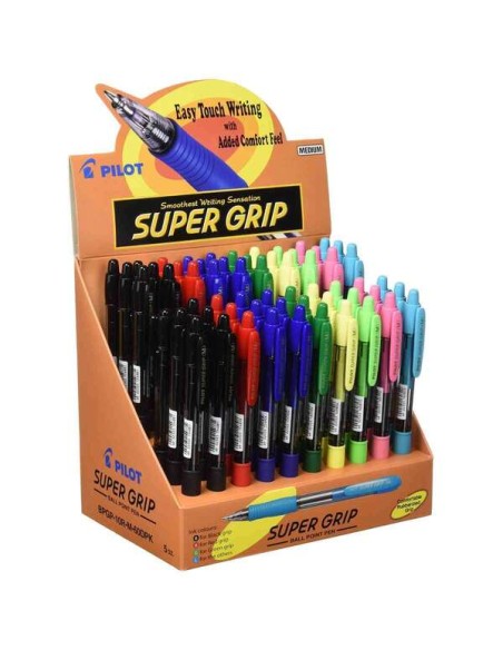 Pilot Expositor de 60 Canetas Esferográficas Retráteis SuperGrip - Ponta Redonda 1.0mm - Traço 0.27mm - Tinta a Óleo - Grip Erg