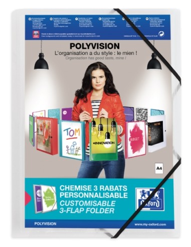 Oxford Polyvision A4+ Pasta com Elásticos 3 Abas - Capa de Plástico Personalizável - Lombada 30mm Transparente