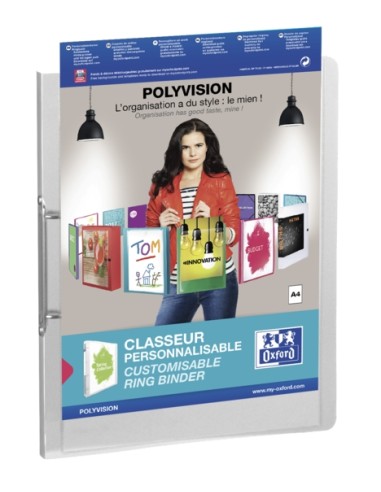 Oxford Polyvision A4+ Pasta com 2 Argolas 25mm - Lombada de 25mm - Capa de Plástico Personalizável - Transparente