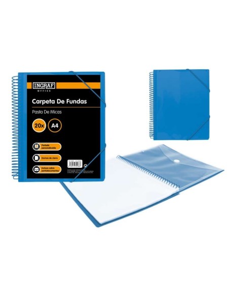 Ingraf Pasta 20 Capas A4 + Bolsa com Fecho - Espiral Plástico Indeformável - Abertura 360 Graus - Capa Personalizável - Cor Azu