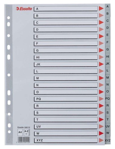 Esselte Índice Alfabético de Plástico com Capa A4 - Tipo A-Z - Cartolina Índice: Cartão Cinza - Material PP - Tamanho A4 - Mult