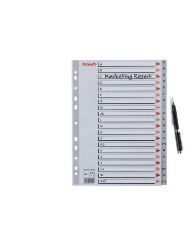 Esselte Índice Alfabético de Plástico com Capa A4 - Tipo A-Z - Cartolina Índice: Cartão Cinza - Material PP - Tamanho A4 - Mult