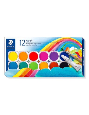 Staedtler Noris 888 12 Pastilhas de Aquarela + Tubo de Zinco Branco + Pincel - Misturáveis entre si - Cores Sortidas