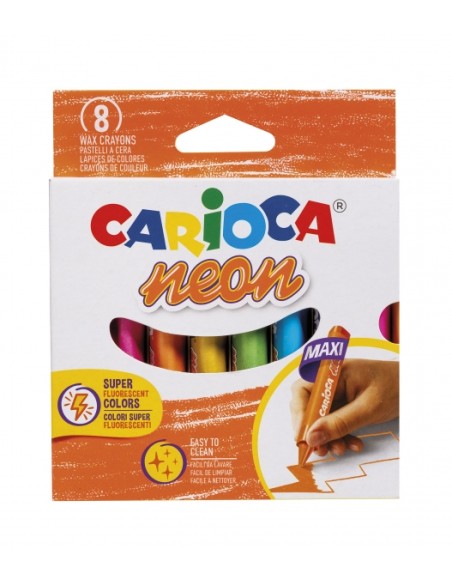 Carioca Ceras Neon Pack com 8 Ceras - Corpo Maxi Triangular - Cores Opaque - Fáceis de Limpar - Cores Variadas