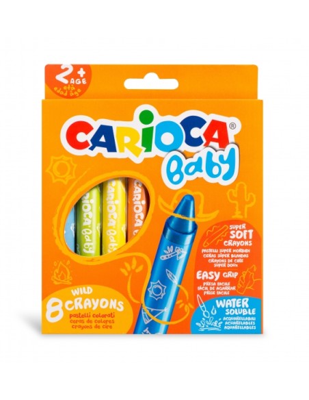 Carioca Pack de 8 Ceras Baby 2+ - Super Macias - Grande Dimensão para Fácil Aderência - Escrita Macia - Cores Brilhantes e Lavá
