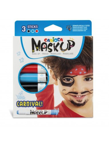 Carioca Mask Up Pack de 3 Cores para a Pele em Barra Carnival - Cores Brilhantes - Laváveis - Base Água - Inclui 2 Tutoriais Pa