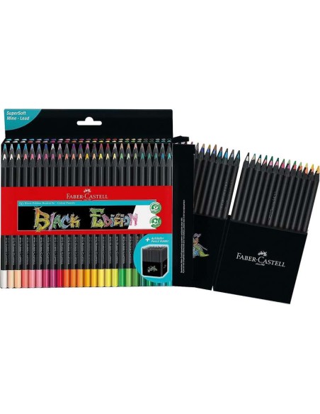 Faber-Castell Black Edition Pack com 50 Lápis de Cor - Mina Extra Macia - Madeira Preta - Ideais para Desenho em Papel Claro, E