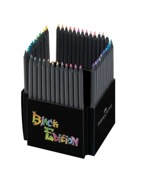 Faber-Castell Black Edition Pack com 50 Lápis de Cor - Mina Extra Macia - Madeira Preta - Ideais para Desenho em Papel Claro, E
