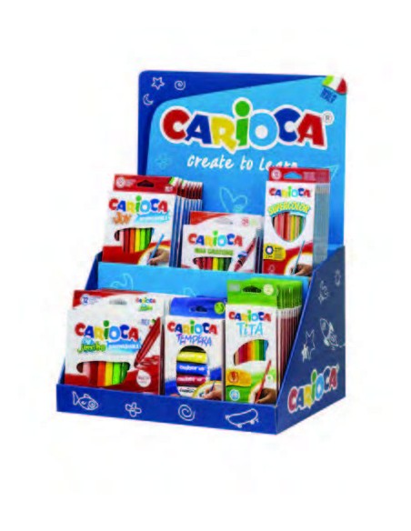 Carioca Expositor Core Inclui 8 Joy Box 12uds, 12 Supercolor Pencils Box 12uds, 6 Tubos de Têmpera 12ml x 5uds, 6 Jumbo Box 12u