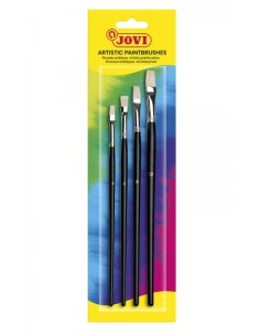 Jovi Artistic Pincéis Blister com 4 Pincéis Planos - Pelo Natural - Cabo de Madeira - Ponta Plana - Pelo Duro - Cor Preta
