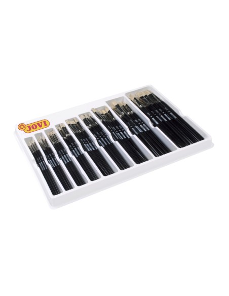 Jovi Caixa Expositora de 108 Pincéis Artísticos Planos Pelo Cerdas Sortidos - Pelo Natural - Cabo de Madeira - Ponta Plana - Pe