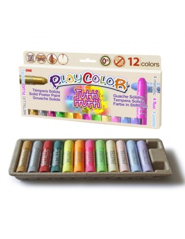 PlayColor Tuttifrutti Pack de 12 Têmperas Sólidas - Não Amassam o Papel - Não Precisam de Verniz - Cores Metálicas, Fluorescent