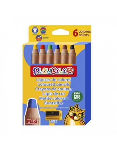 PlayColor Maxi Pack de 6 Lápis de Cor de Ponta Grossa + Apontador - Traço Extra Suave - Adequado para Papel, Papelão, Vidro etc