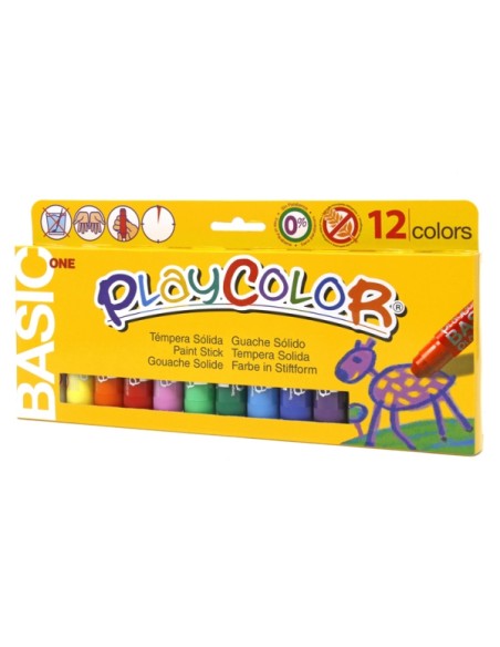 PlayColor Basic One Pack de 12 Têmperas Sólidas - Não Amassam o Papel - Não Precisam de Água - Especial para Uso Escolar - Core