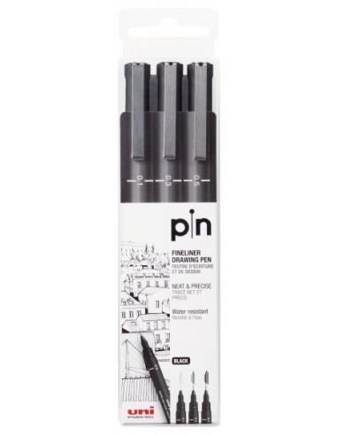 Uni-ball Uni Pin Pack de 3 Marcadores Calibrados 0.1, 0.3, 0.5 - Ponta Poliacetal - Tinta Pigmentada Resistente à Água e Luz - 